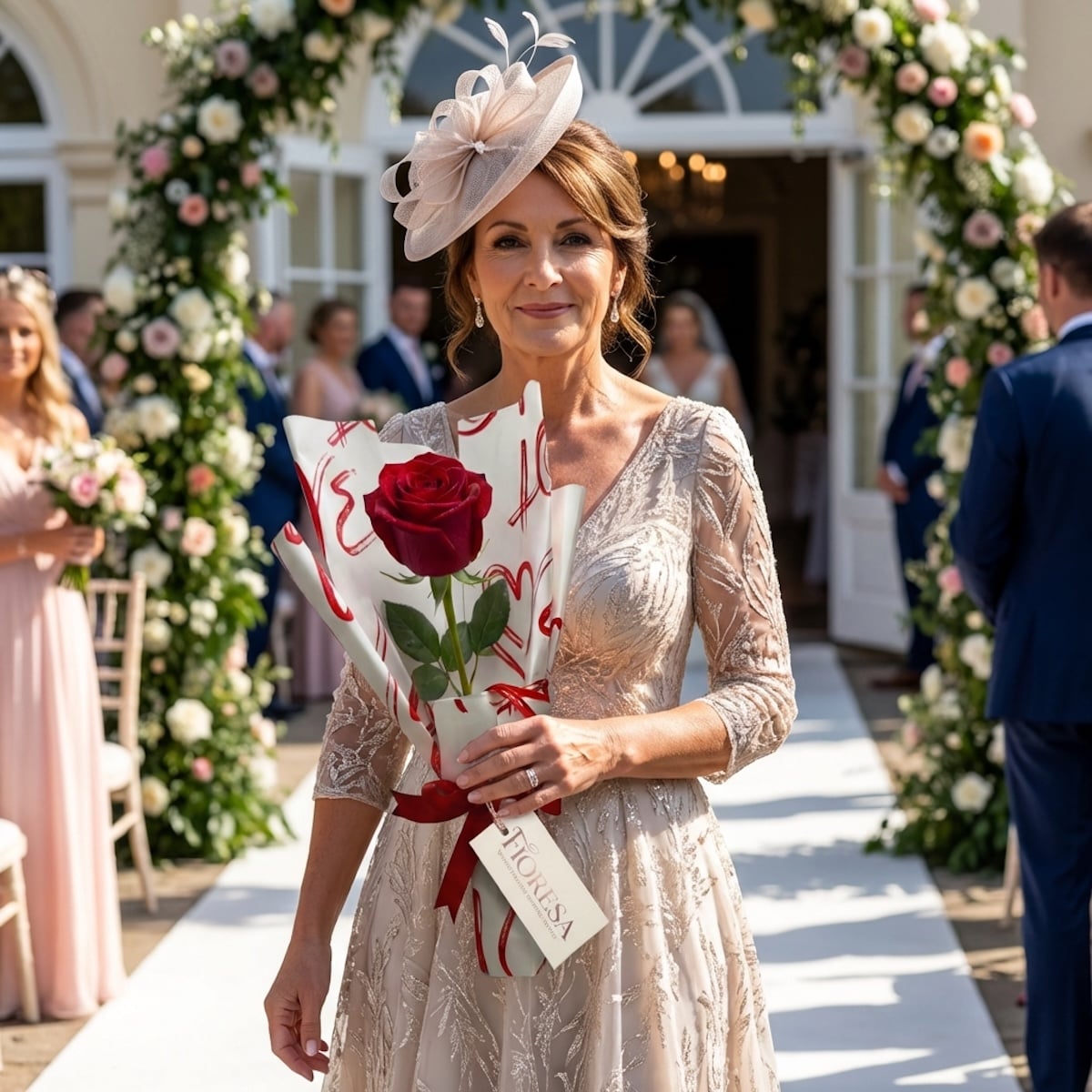 A bride holding a single long-stemmed red rose in a Floresa branded white and red heart wrap at an outdoor wedding ceremony.