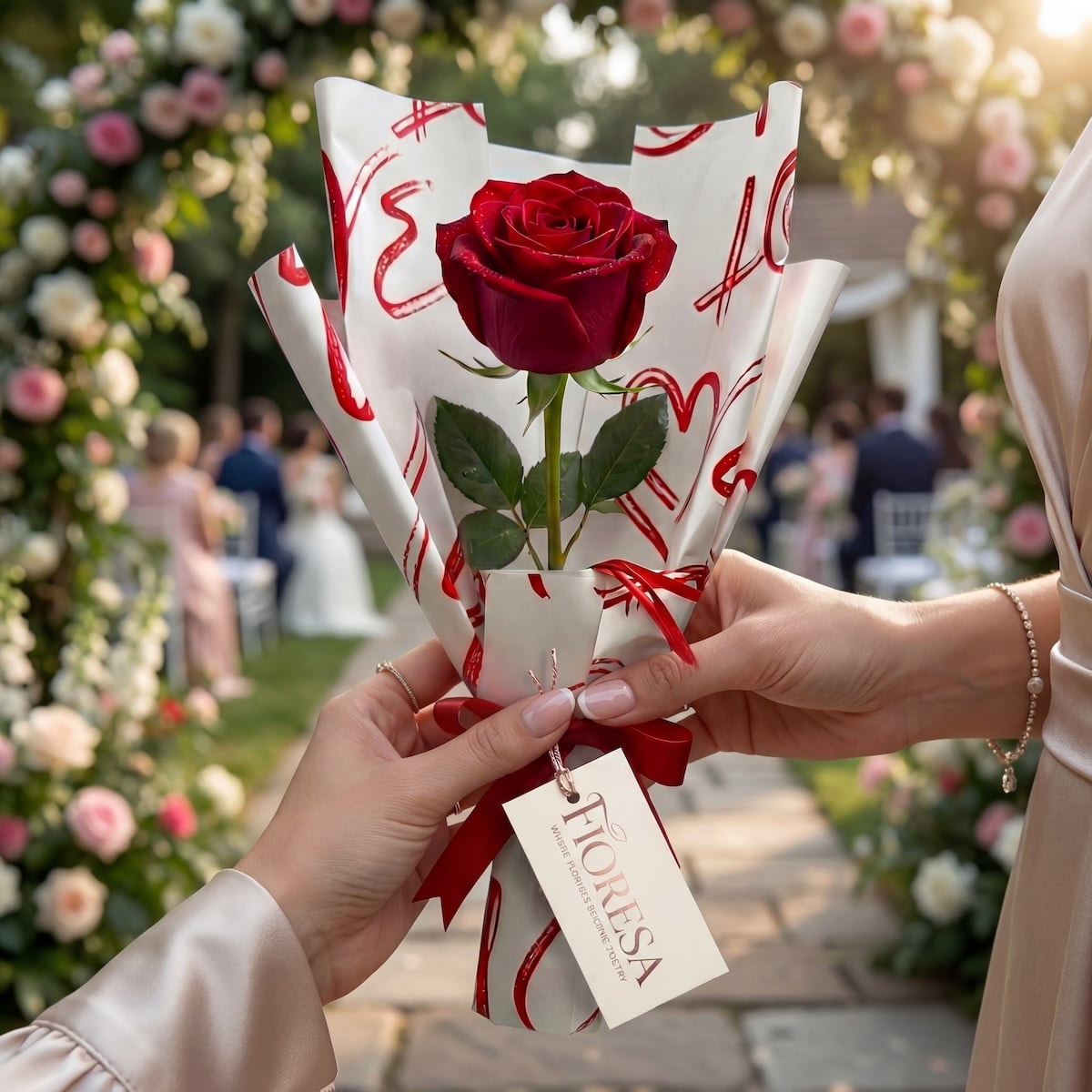 A wedding guest hands a single red rose in a Floresa heart-patterned gift wrap to another woman at an outdoor garden ceremony.