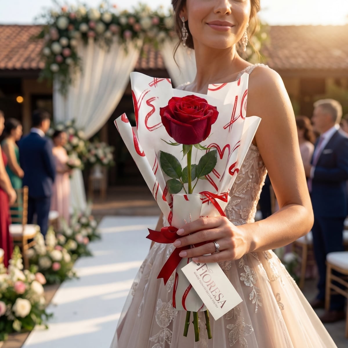 Close up of a guest handing a single red rose in a Fioresa heart-themed wrap to another person at an outdoor garden wedding.