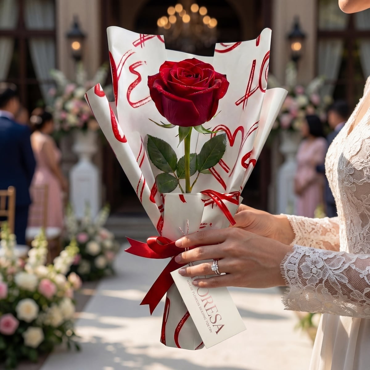 A premium single red rose by Fioresa in decorative white and red wrap held at the entrance of a luxury wedding venue.