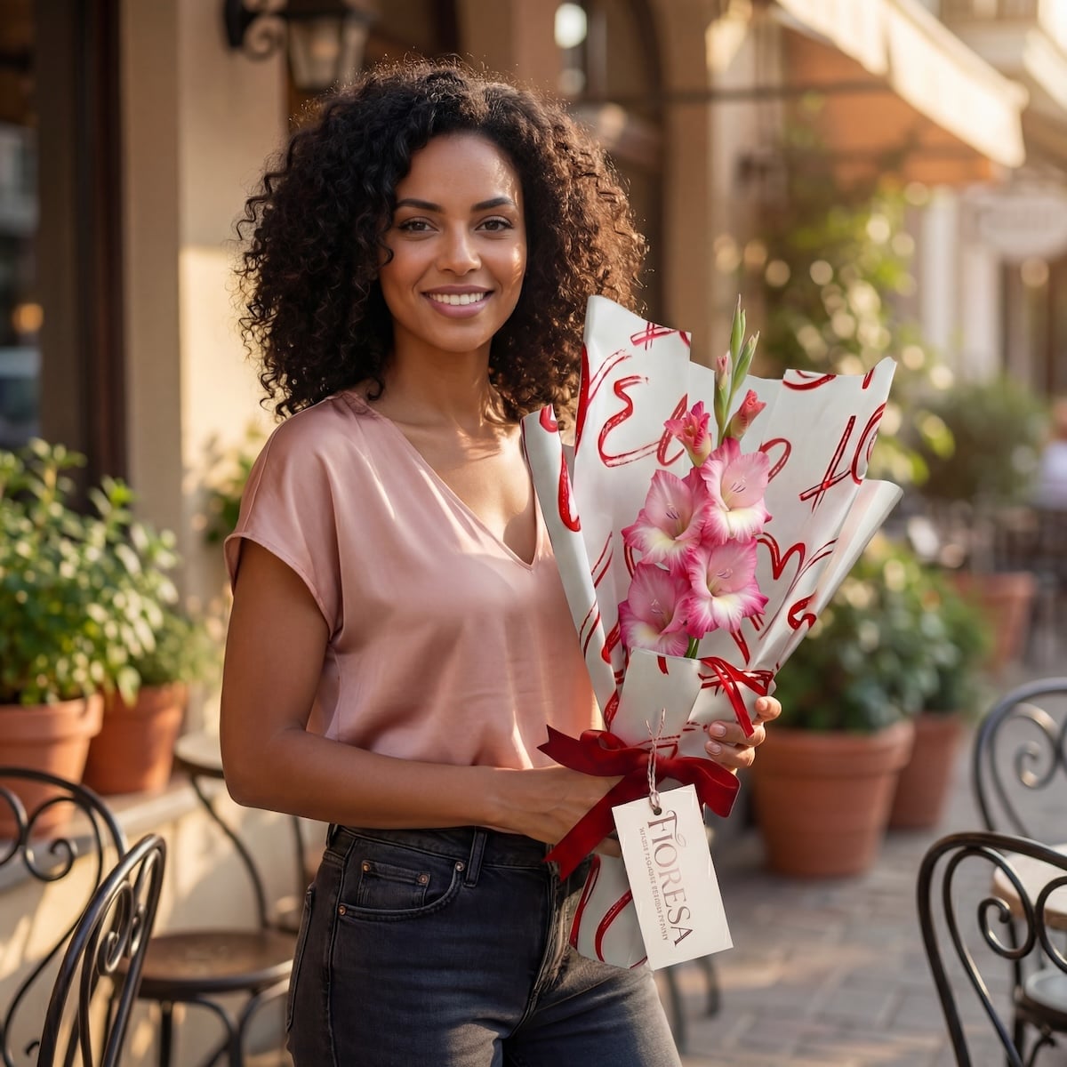 A woman with curly hair holding a pink gladiolus bouquet in Fioresa heart-patterned gift wrap outside a European-style cafe.