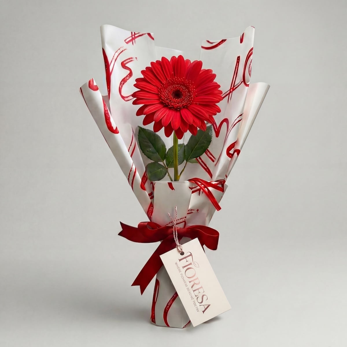A vibrant single red gerbera daisy in a Fioresa branded red heart-patterned gift wrap with a matching red ribbon bow on a white background.
