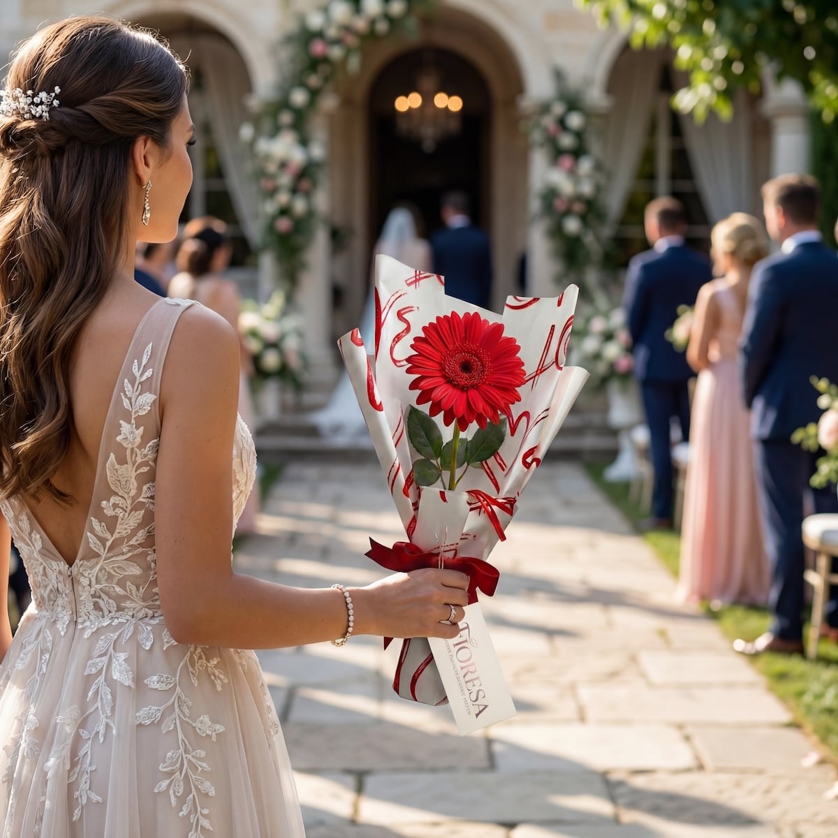 A wedding guest in a floral lace dress holding a single red gerbera daisy in a Fioresa heart-patterned gift wrap at an outdoor ceremony.