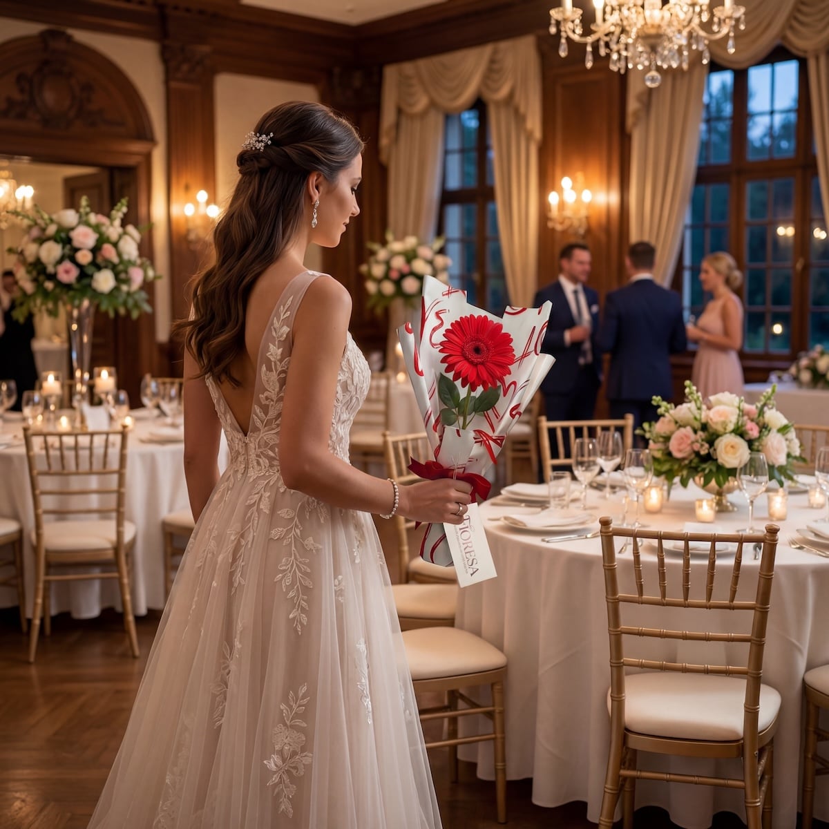 A bride in a lace wedding dress holding a single red gerbera daisy in Fioresa heart-patterned gift wrap at a luxury indoor reception with candlelit tables.