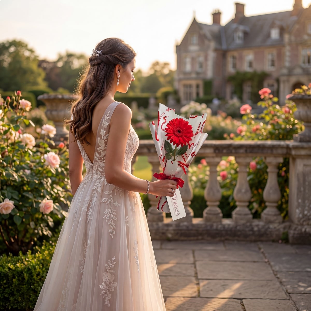 A bride in a white lace gown holding a single red gerbera daisy in Fioresa branded heart wrap at an outdoor estate garden at sunset.