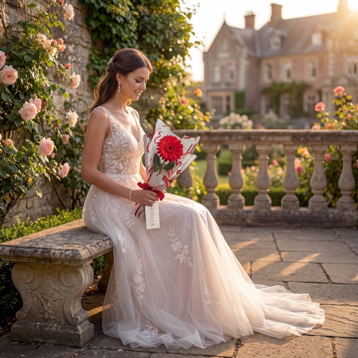 A bride in a white lace dress sitting on a stone bench in a rose garden, holding a Fioresa single red gerbera bouquet at sunset.