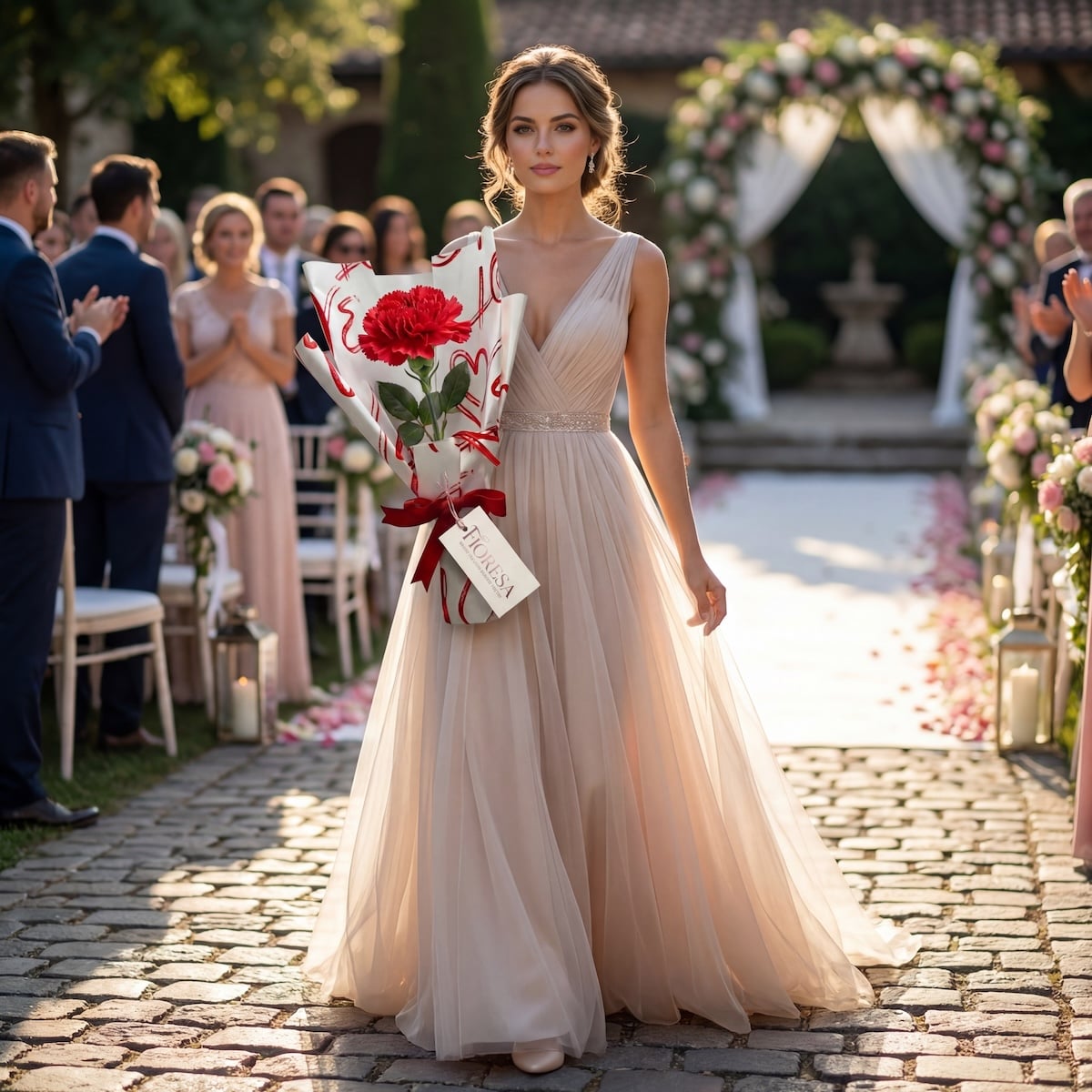 A woman in a flowing blush-colored dress walking through an outdoor wedding venue holding a single red carnation in Fioresa branded heart wrap.