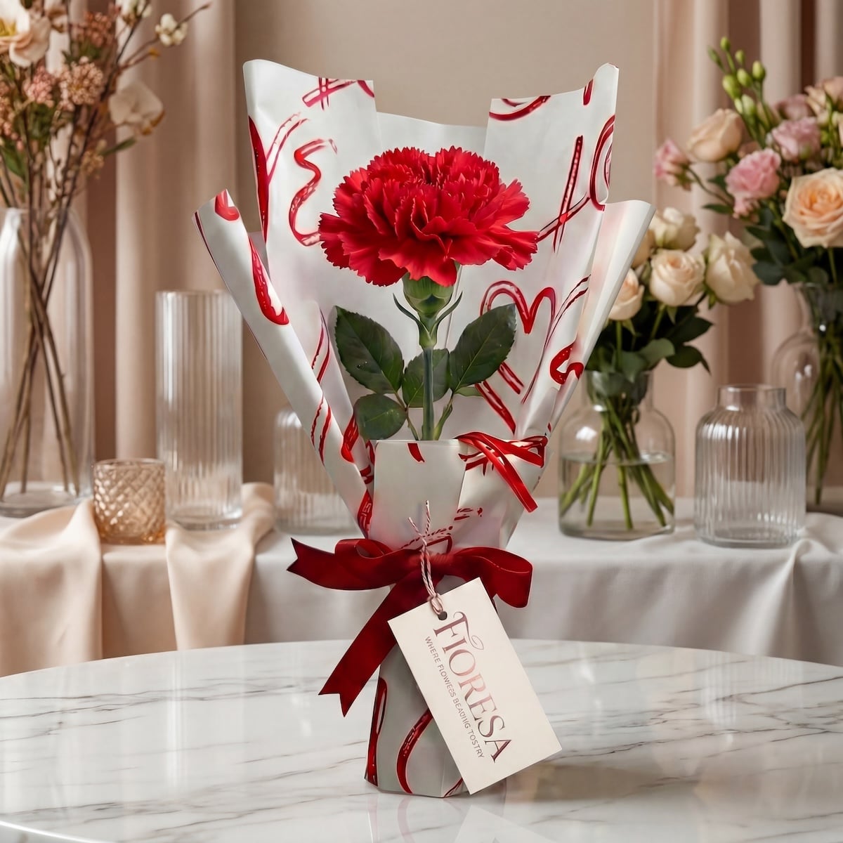 A single red carnation in a Fioresa heart-patterned gift wrap placed on a white marble table in a bright, modern living room.