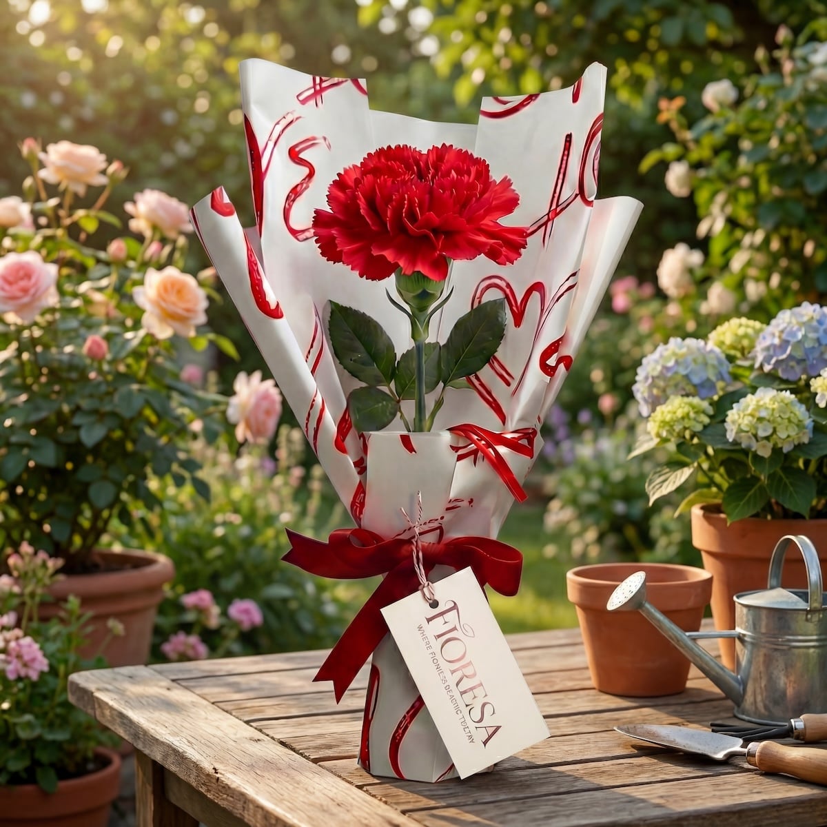 A single red carnation in a Fioresa heart-patterned wrap placed on a rustic wooden table in a blooming garden setting.