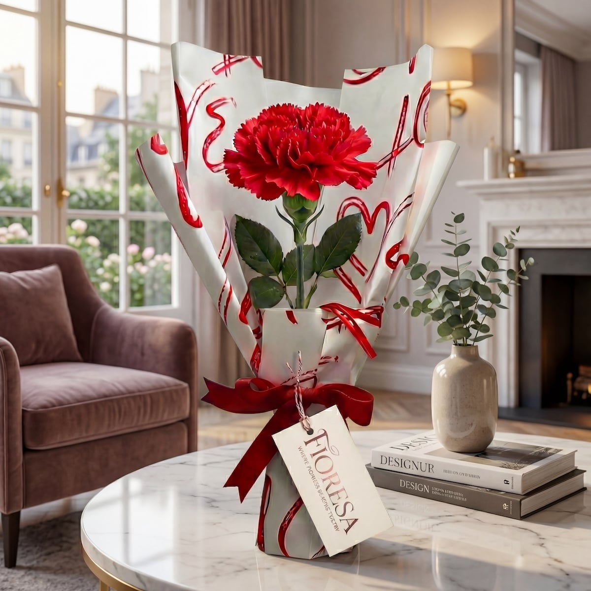A single red carnation in a Fioresa heart-patterned gift wrap placed on a white marble coffee table in a bright, upscale living room.