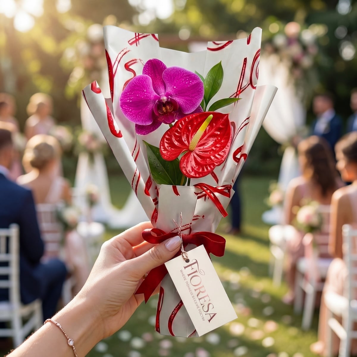 A close-up of a hand holding a Fioresa bouquet featuring a purple orchid and red anthurium in heart-patterned gift wrap at a sunny outdoor wedding.