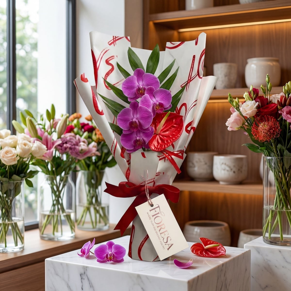 A premium Fioresa bouquet of purple orchids and a red anthurium in heart-patterned gift wrap, displayed on a marble pedestal in a modern flower shop.