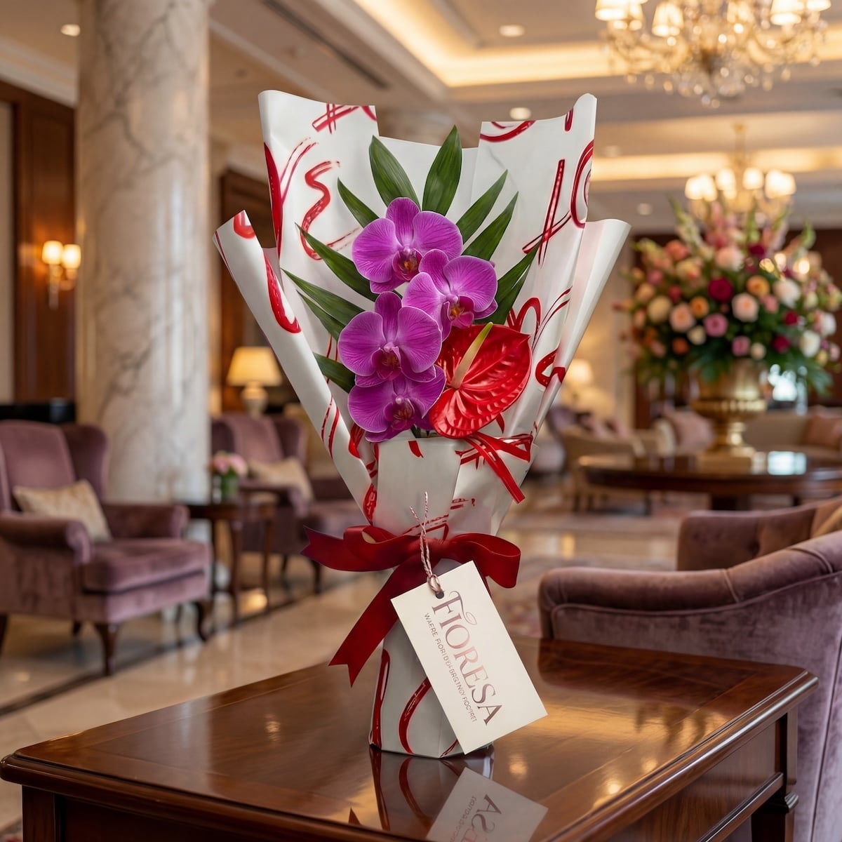 A large Fioresa bouquet of purple orchids and a red anthurium in heart-patterned gift wrap on a round wooden table in a luxury hotel lobby.