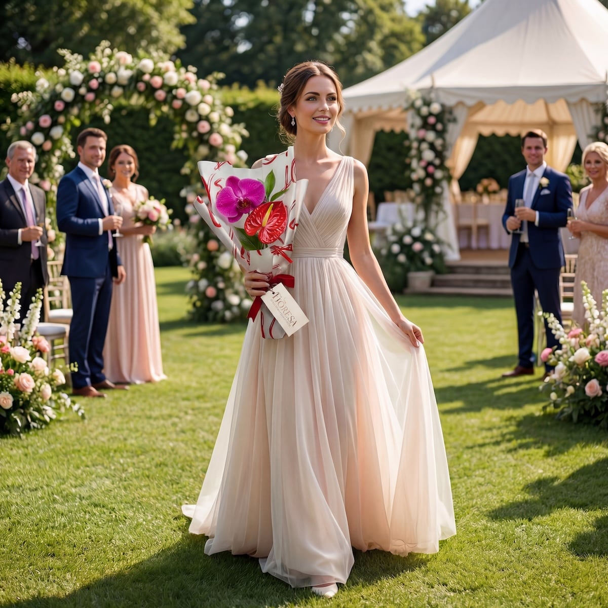 An elegant wedding guest in a flowing blush gown holding a Fioresa bouquet of purple orchids and a red anthurium in a heart-patterned wrap at an outdoor summer wedding.