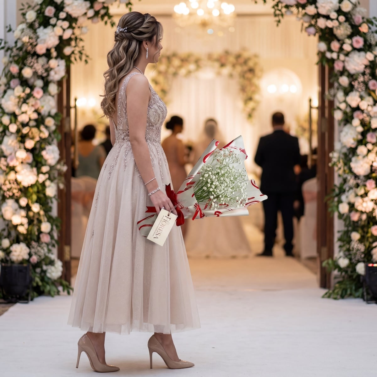 An elegant wedding guest in a blush pink dress holding a large Fioresa bouquet of white baby's breath (gypsophila) at an outdoor wedding ceremony.