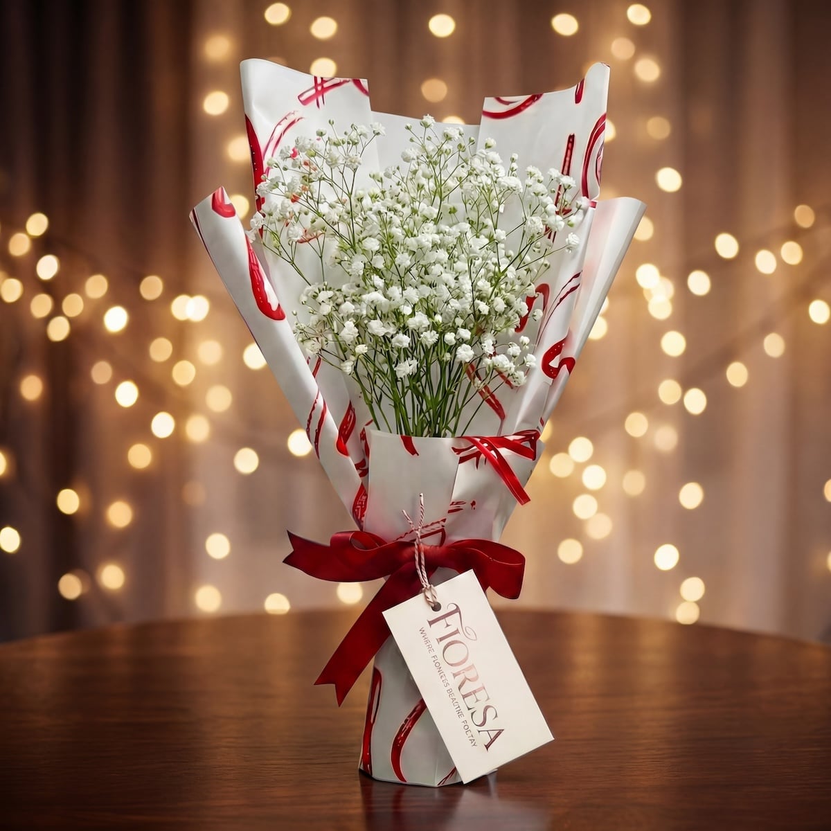 A delicate bouquet of white baby's breath in Fioresa heart-patterned gift wrap, displayed on a wooden table against a warm, blurred bokeh light background.