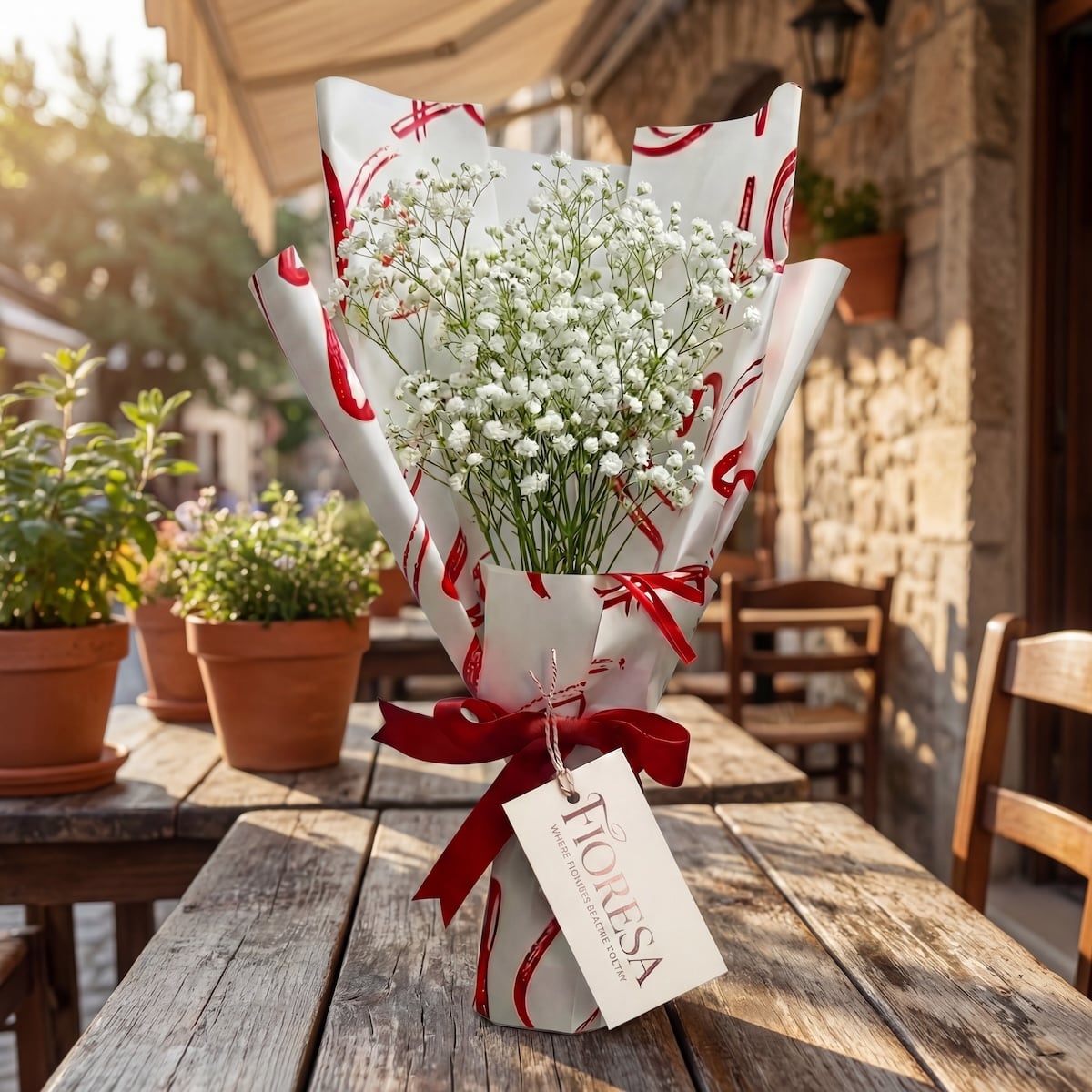 A delicate Fioresa bouquet of white baby's breath in heart-patterned gift wrap sitting on a rustic wooden table at a sunlit outdoor Mediterranean-style cafe.