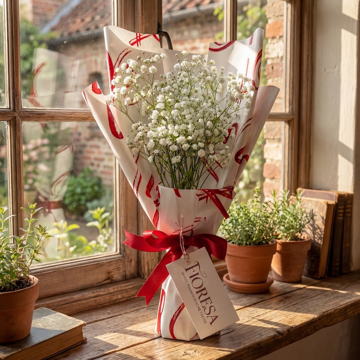 A delicate Fioresa bouquet of white baby's breath (gypsophila) in heart-patterned gift wrap, placed on a wooden windowsill in a sunlit, rustic interior with potted herbs.