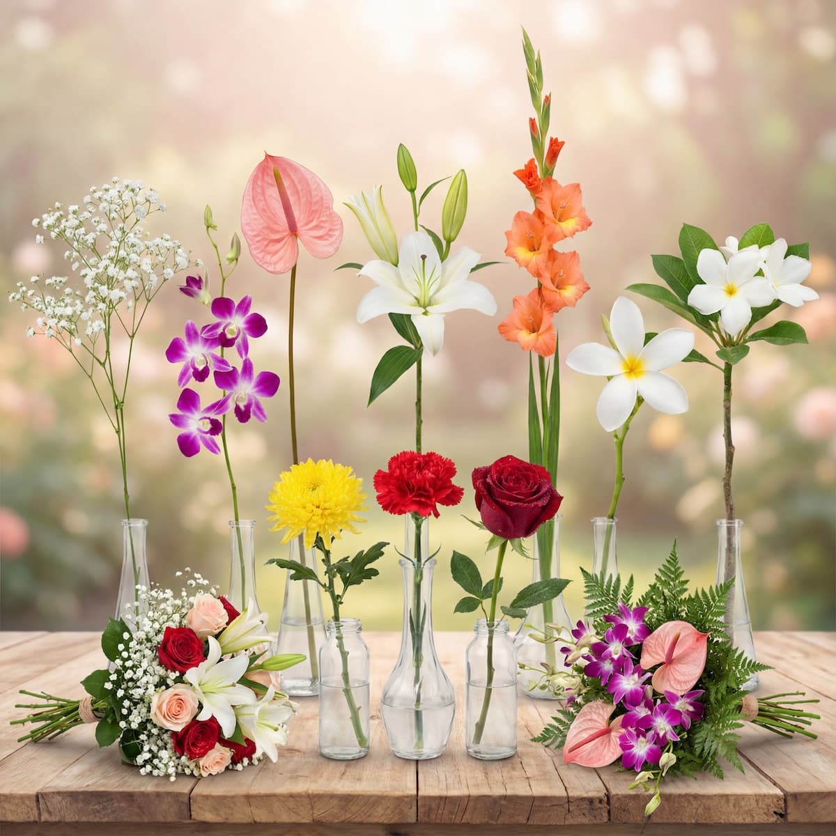 A variety of Fioresa floral products including single stems of orchids, lilies, and carnations in glass vases alongside professional bridal bouquets on a rustic wooden surface.
