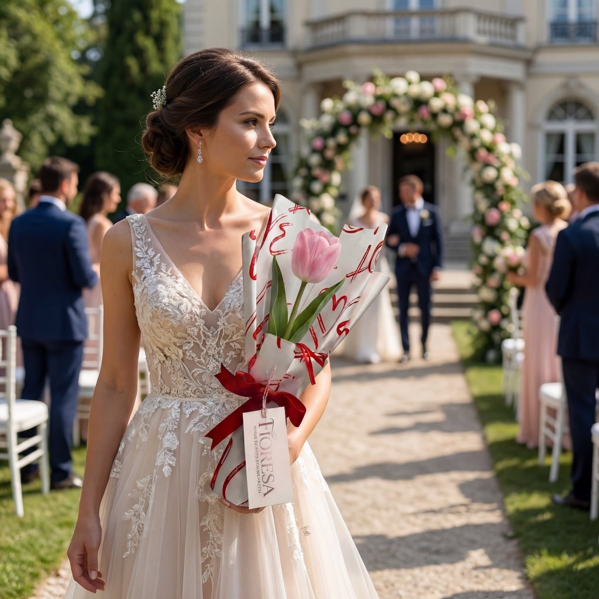 Elegant bride in lace gown holding Fioresa single pink tulip bouquet with love wrap and red ribbon at luxurious outdoor wedding with pink flower arch, guests in formal attire.