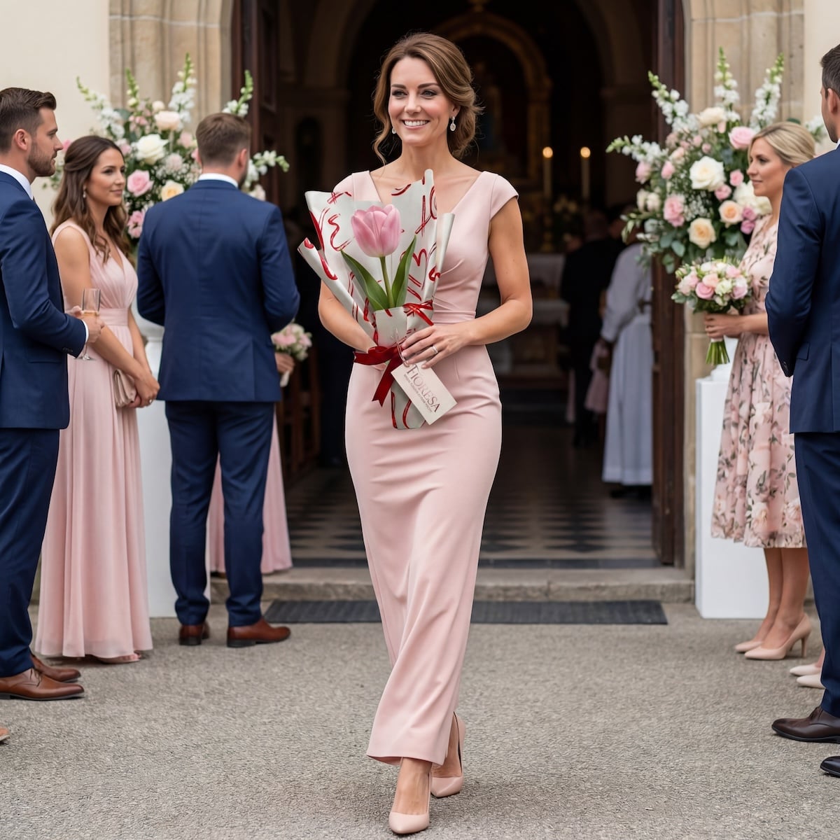 Smiling bride in pink gown holding Fioresa red rose bouquet at church wedding entrance, surrounded by groomsmen in blue suits, bridesmaids in pink dresses, and floral arrangements.