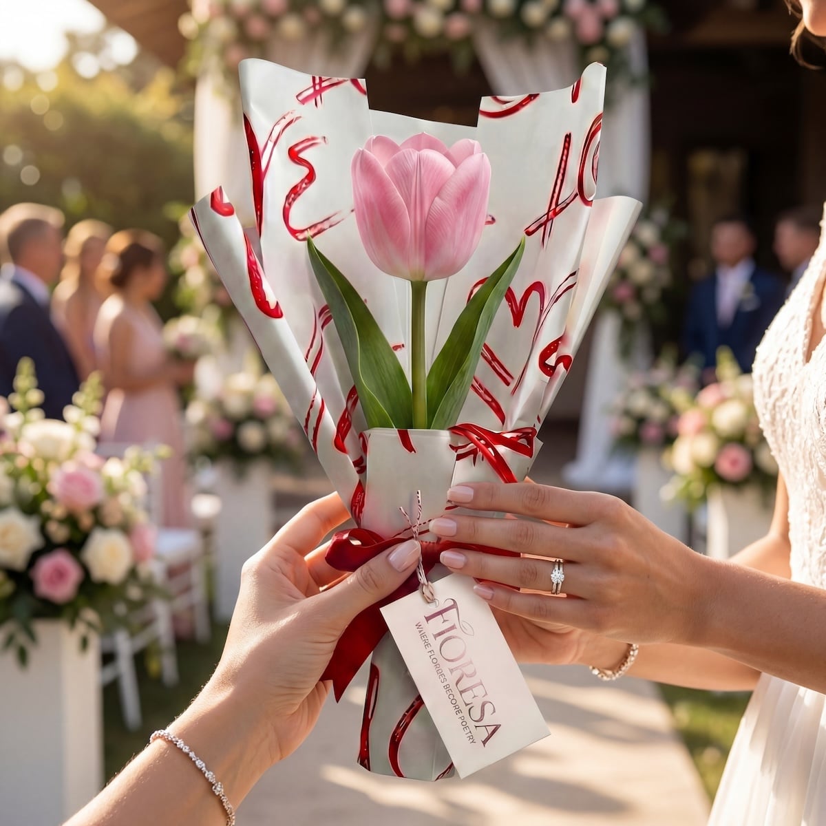 Bride's hands holding Fioresa single pink tulip bouquet wrapped in love-print paper with red ribbon at outdoor wedding aisle amid pink floral arch, chairs, and guests in formal wear.