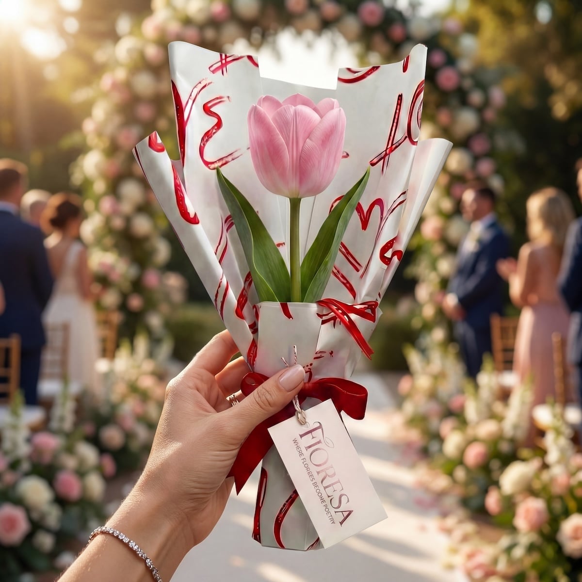 Close-up hands holding Fioresa single pink tulip bouquet with love-print wrap and red ribbon on sunny outdoor wedding aisle with pink floral arch, chairs, and blurred guests.