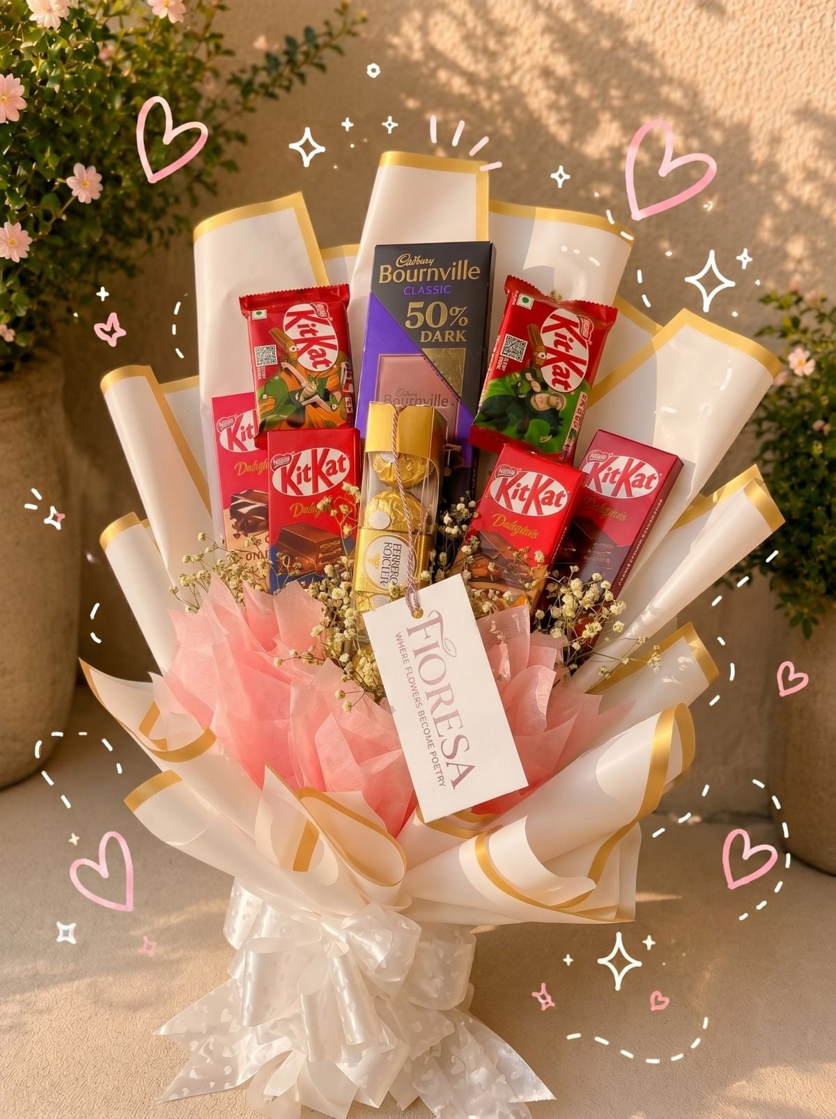 A beautifully arranged chocolate bouquet from the brand Fioresa. The bouquet features a collection of popular chocolates, including five standard red KitKat bars, one purple Cadbury Bournville Classic 50% Dark chocolate bar, and a central transparent vertical pack of golden-wrapped Ferrero Rocher pralines. The chocolates are nestled among delicate white baby's breath flowers and light pink tissue paper. The entire arrangement is elegantly wrapped in white paper sheets with gold borders, tied at the base with a large white textured bow. A prominent white hanging tag reads "FIORESA — WHERE FLOWERS BECOME POETRY." The image is decorated with digital overlays of playful pink hearts and white stars.