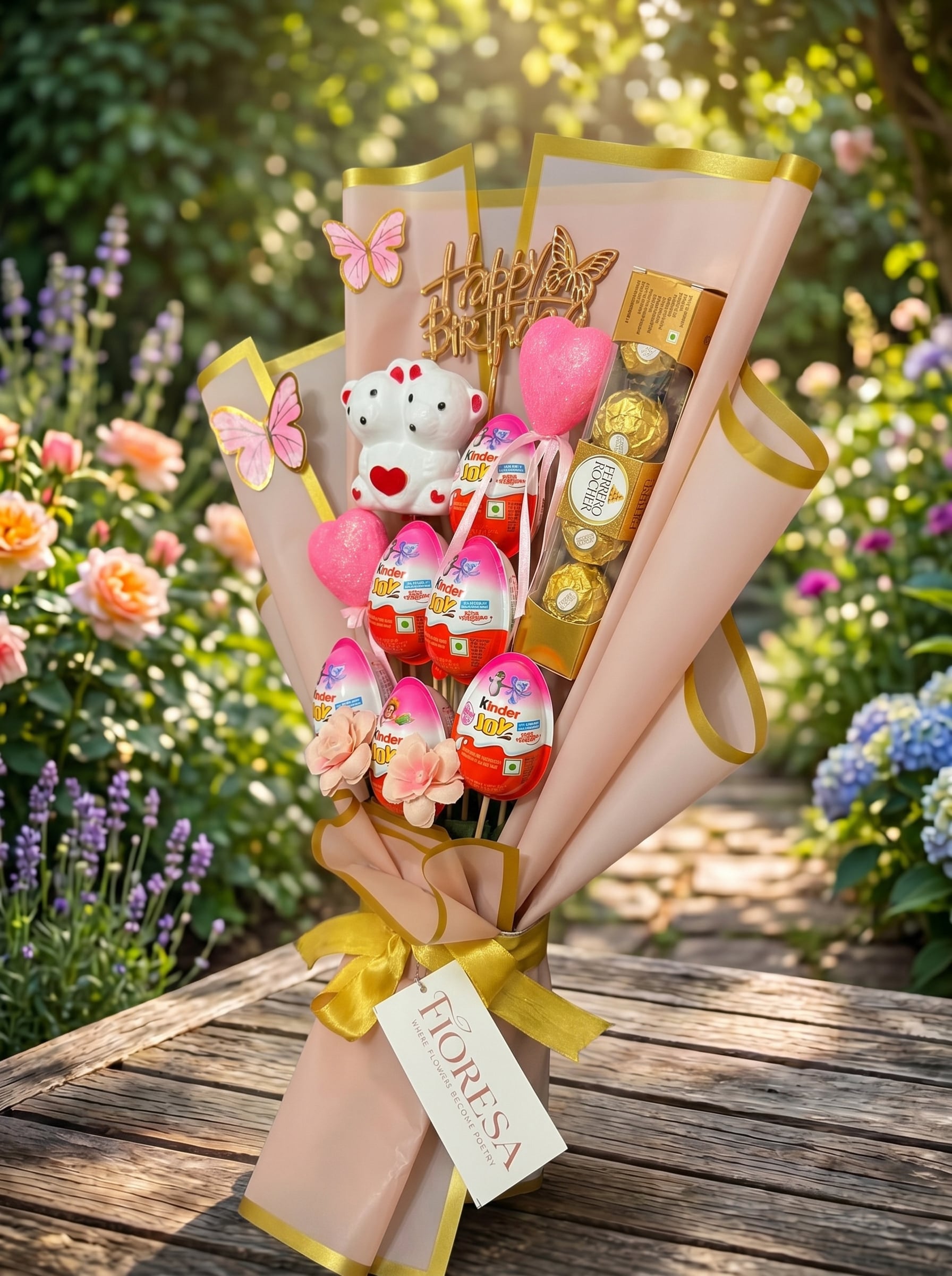 A pink Fioresa birthday gift bouquet filled with chocolate Kinder Joy eggs and Ferrero Rocher.