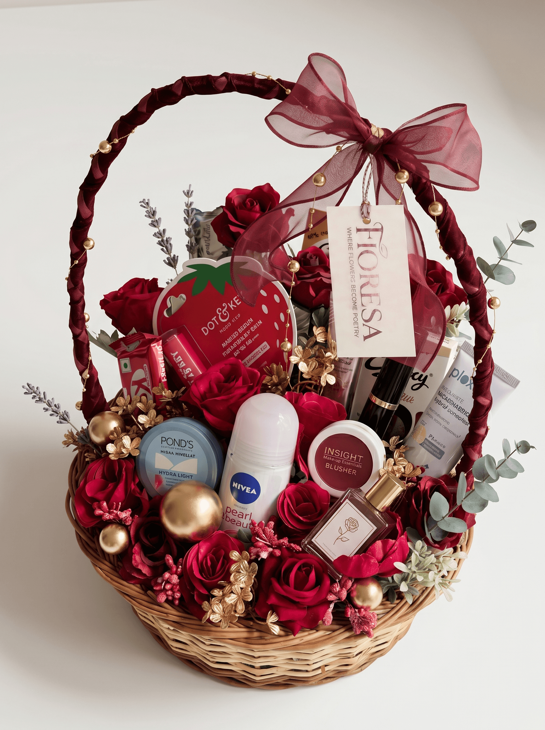 Styled overhead of a Fioresa red rose beauty gift basket with self-care products and a Fioresa tag.