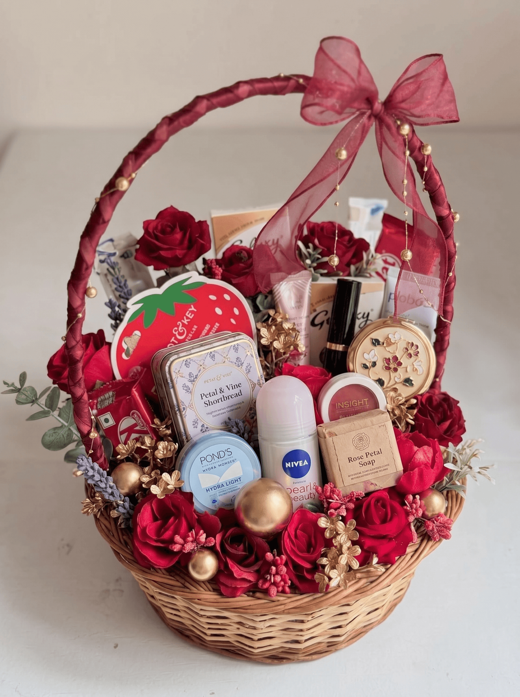Red rose Fioresa beauty basket with skincare, makeup, rose petal soap and shortbread in a satin-wrapped wicker basket.