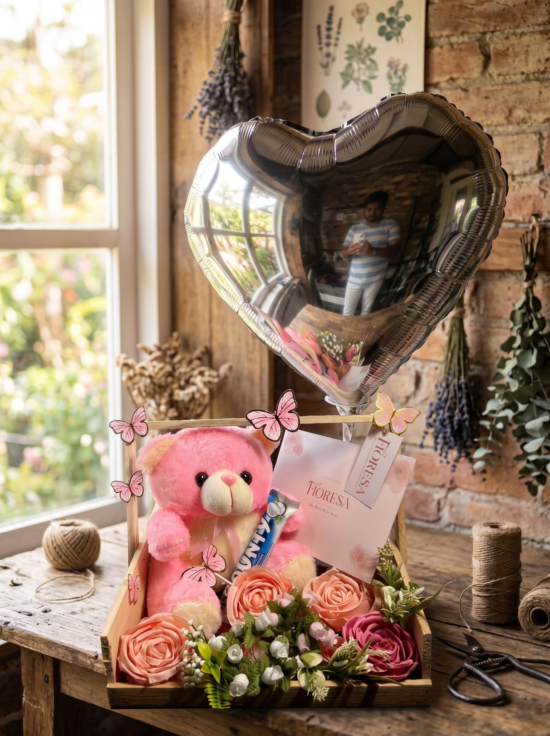 A decorative Fioresa gift basket featuring a pink teddy bear, roses, and a heart balloon.