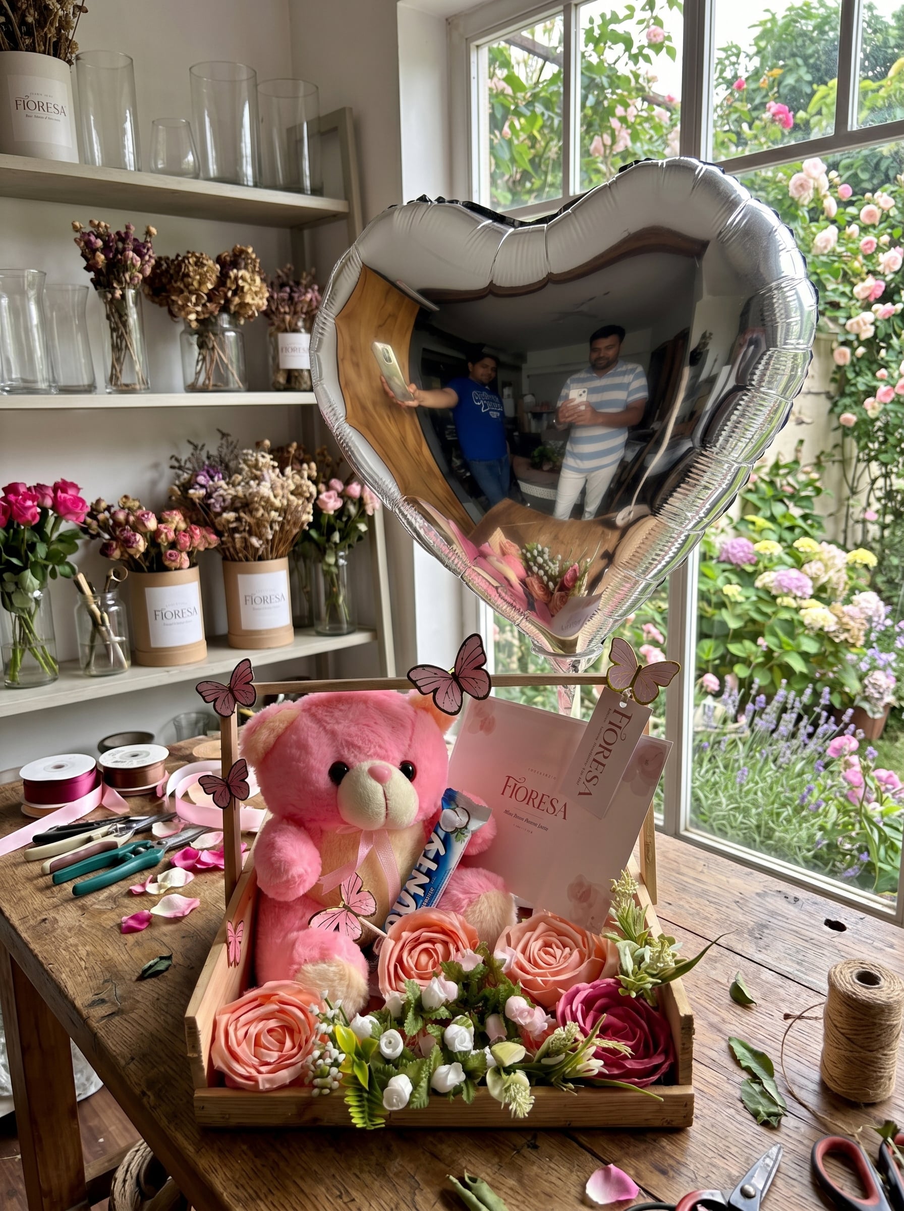 A Fioresa flower gift hamper with a pink teddy bear on a wooden workshop table.