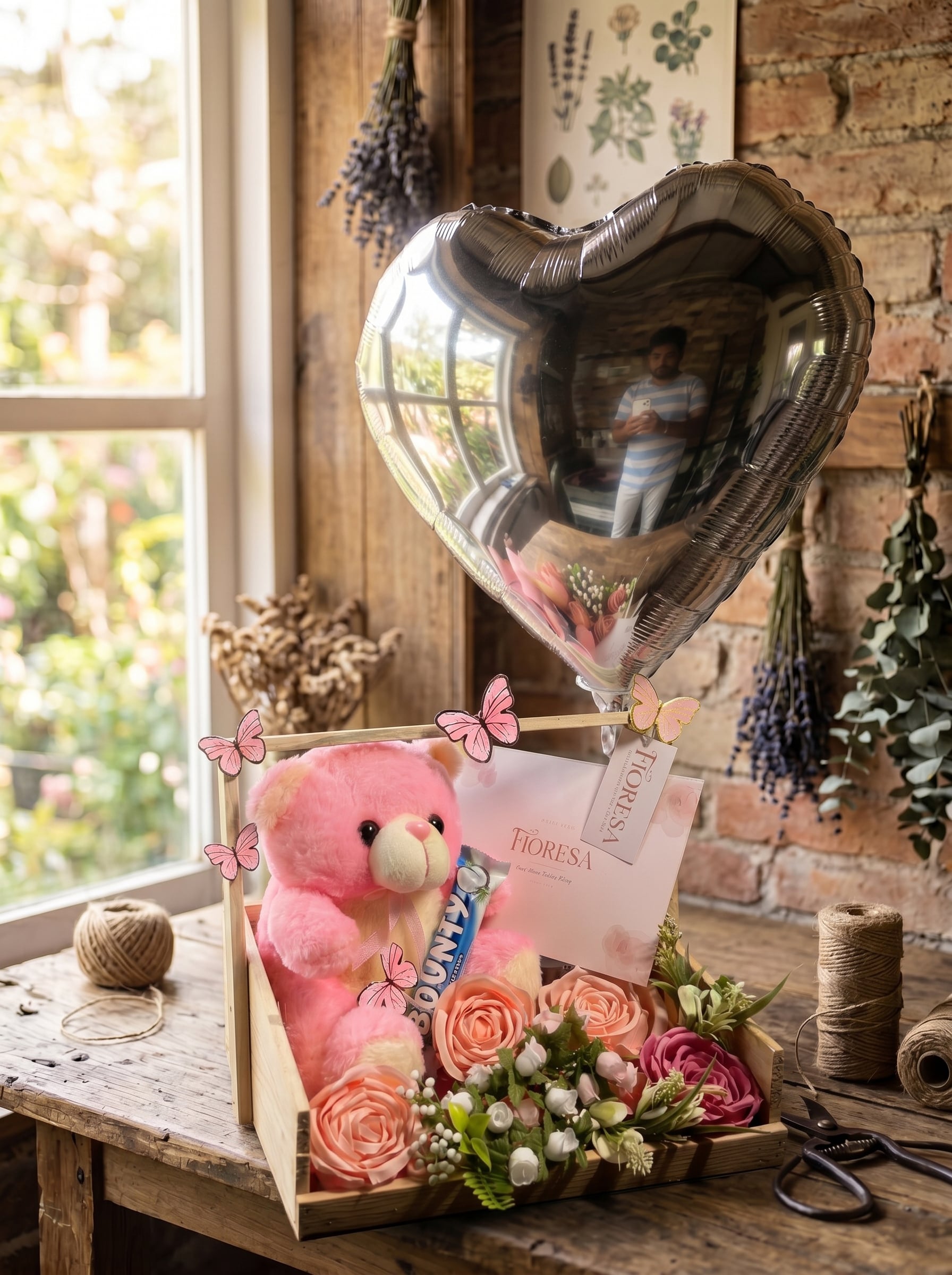 A rustic Fioresa gift basket with a pink teddy bear, roses, and a silver heart balloon.